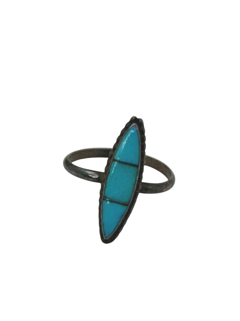 Turquoise Ring Inlay Vintage Sterling Silver Marquise Shape Size 6 Boho Chic